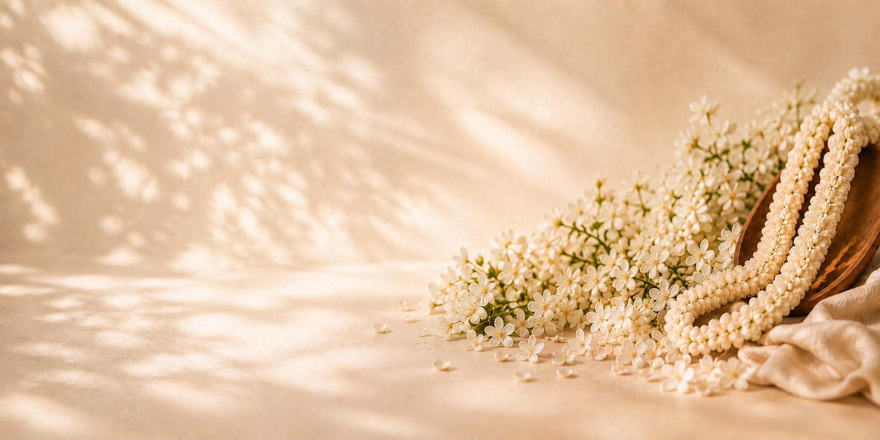 White jasmine garland arrangement on golden plate